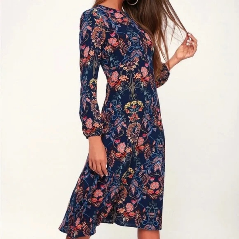 Lulu’s | Garden Splendor Navy Blue Floral Print Long Sleeve Midi Dress
